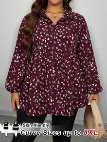 SHEIN CURVE+ 大码女式休闲灯笼袖印花衬衫，适合春、秋、冬三季穿着/秋季/冬季/2026/新年 - 酒紅色 - 查看 1