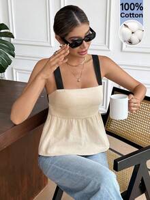 Serisse 女士100%纯棉撞色露背蝴蝶结系带上衣，黑色和米色，夏季，优雅，早午餐，法式风格，商务休闲，办公室，复古富贵 - 彩色 - 查看 4