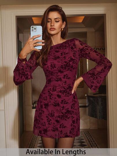 SHEIN PETITE CURVE Plus Size Elegant Floral Flocked Waist Cinched Flare Sleeve Dress, Autumn