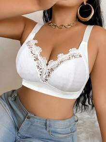 大码优雅纯色蕾丝拼接无钢圈文胸 - 白色 - 查看 6