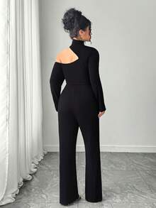 Elenzga Plus Size Women's Solid Color Round Neck Jumpsuit, Suitable For Commuting - Black - View 2