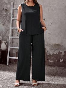 EMERY ROSE 大码女式休闲度假黑色上衣和裤子两件套，舒适带口袋，夏季 - 黑色 - 查看 4