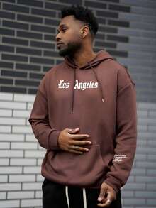 Heavens Edit Men's Los Angeles Letter Pouch Pocket Hoodie Sweatshirt, New Autumn/Winter, Long Sleeve Top - Brown - View 3