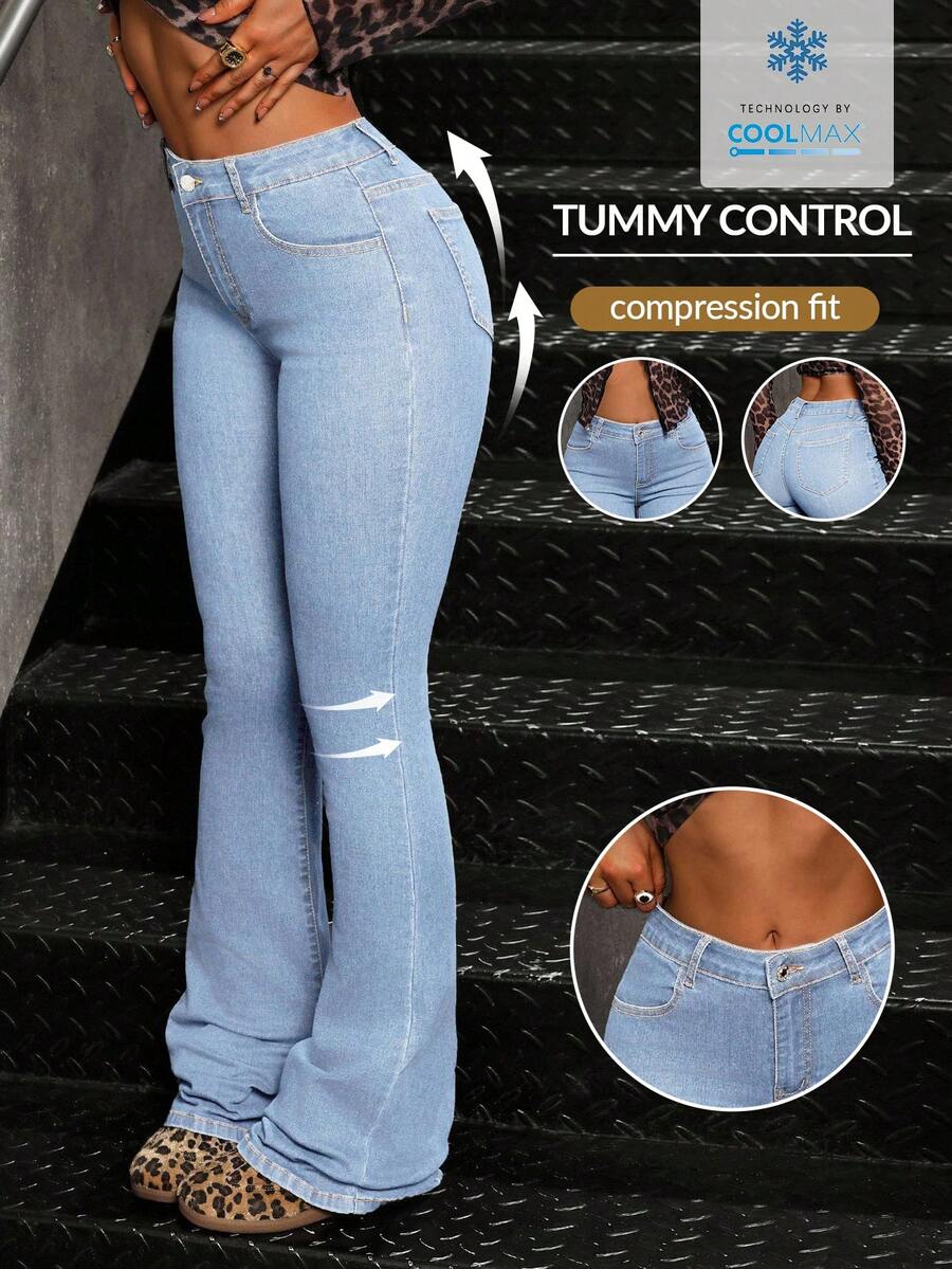 SHEIN Tall 休闲水洗中腰修身喇叭牛仔裤 - 藍色 - 查看 1