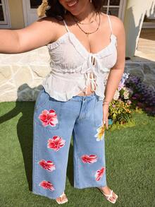 Breezaya Plus Size Women's Casual Floral Print Straight Leg Jeans, Spring/Summer - Light Wash - View 4