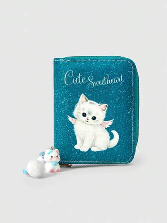 Kawaii Sparkly Blue Adorable Cat Short Wallet With Cat Pendant