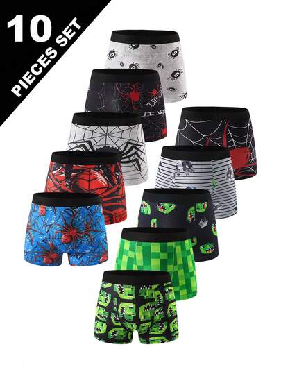 10 piezas de calzoncillos tipo bóxer cómodos para niños con estampado de dinosaurios y arañas, ropa interior con estampado de dibujos animados