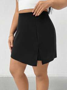 SHEIN Essnce Plus Split Front Solid Skort - Black - View 3