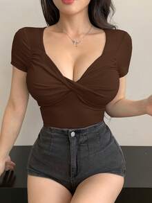 DAZY Women V-Neck Twist Hem Short Sleeve Fitted Crop Top Going Out Tops Women - Brown - View 6