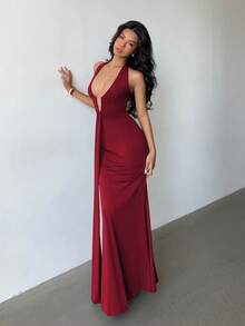 Glamine Đầm maxi màu đỏ rượu vang gợi cảm cổ chữ V, dây buộc cổ, lưng hở, không tay, xếp ly, thích hợp cho biểu diễn, câu lạc bộ, hẹn hò, đường phố, thu đông, thanh lịch, dạ hội, tiệc tùng, sinh nhật, tiệc tùng, lễ tình nhân. - Màu Đỏ Sâu - Xem 5