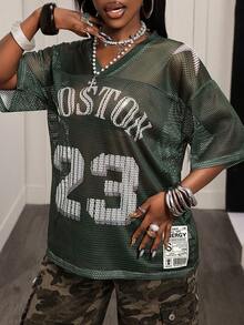 BamGleam 女士网眼T恤，休闲运动宽松短袖上衣，绿色数码印花，春季新品度假波西米亚性感纯色格子条纹休闲款，夏季，夏季上衣，夏季，夏季假期，女士夏季，女士夏季，春季，春季女士，春假，春季，春季，春季春季女士，春季女士，度假女士，女士假期，夏季假期，女士度假，假期，假期，夏季假期，女士海滩度假绿色网眼上衣 - 軍綠色 - 查看 3