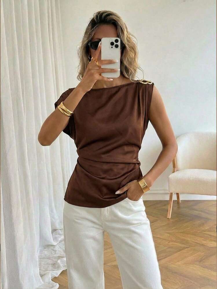 SHEIN Maija Women's Casual Solid Color Pleated Asymmetric Collar Short Sleeve Top Asymmetrical Top Draped Top Earthy Top Coffee Brown Top Valentine's Day Elegant Spring To Summer