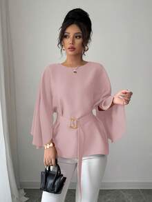 Selianne Women's Spring/Summer French Style Round Neck Batwing Sleeve Tie Waist Satin Blouse, Red Fall Cloth For Women - Pink - View 6