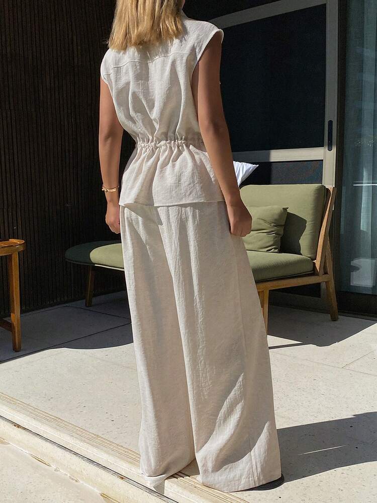 Women's Casual Loose Collar Sleeveless Pocket Drawstring Shirt And Wide Leg Pants 2 Pieces Set, Spring/Summer