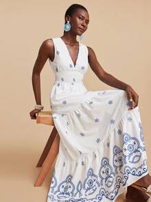 Travachic 女士碎花收腰连衣裙，波西米亚风，西式风格，夏季度假，适合假日、约会、下午茶、音乐节等场合，波西米亚风夏季连衣裙，女士海滩度假装扮，夏季服装，优雅女士连衣裙 - 藍白色 - 查看 3