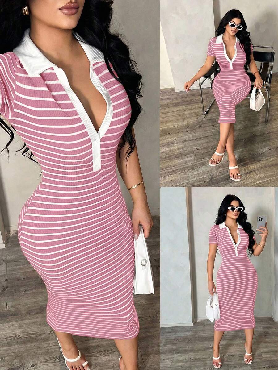 SHEIN SXY 女士休闲条纹Polo衫连衣裙，针织弹力修身中长连衣裙，法式优雅连衣裙 - 粉色 - 查看 1