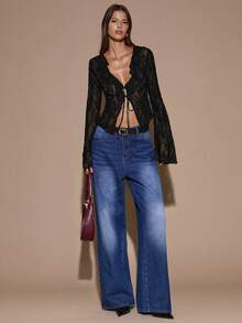 SHEIN BAE Autumn/Winter Women's Lace Sexy Deep V-Neck Sheer Hollow Out Ruffle Trim Long Sleeve Top, Wine Red, Suitable For Christmas, Halloween, Day Of The Dead - Black - View 4