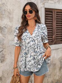 EMERY ROSE Damen V-Ausschnitt Blumen Muster Lässig vielseitig Alltagskleidung Hemd Sommer Oberteile Urlaubsoutfits Damen Sommerurlaub Outfits Urlaubsoutfits für Damen V-Ausschnitt Blusen für Damen Damen Blusen Sommer Kurzarm Sommer Oberteile V-Ausschnitt Tops Sommer Lässig Tops Urlaubsoutfits Damen Ausgeh-Oberteile für Damen - Verschiedenfarbig - Übersicht 7