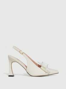 CUCCOO SZL 女士米色网纱蝴蝶结高跟鞋，尖头露跟高跟派对伴娘鞋 - 米色 - 查看 2