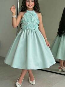 SHEIN Young Girl Solid Color 3D Floral Sleeveless Pullover Dress - Green - View 1