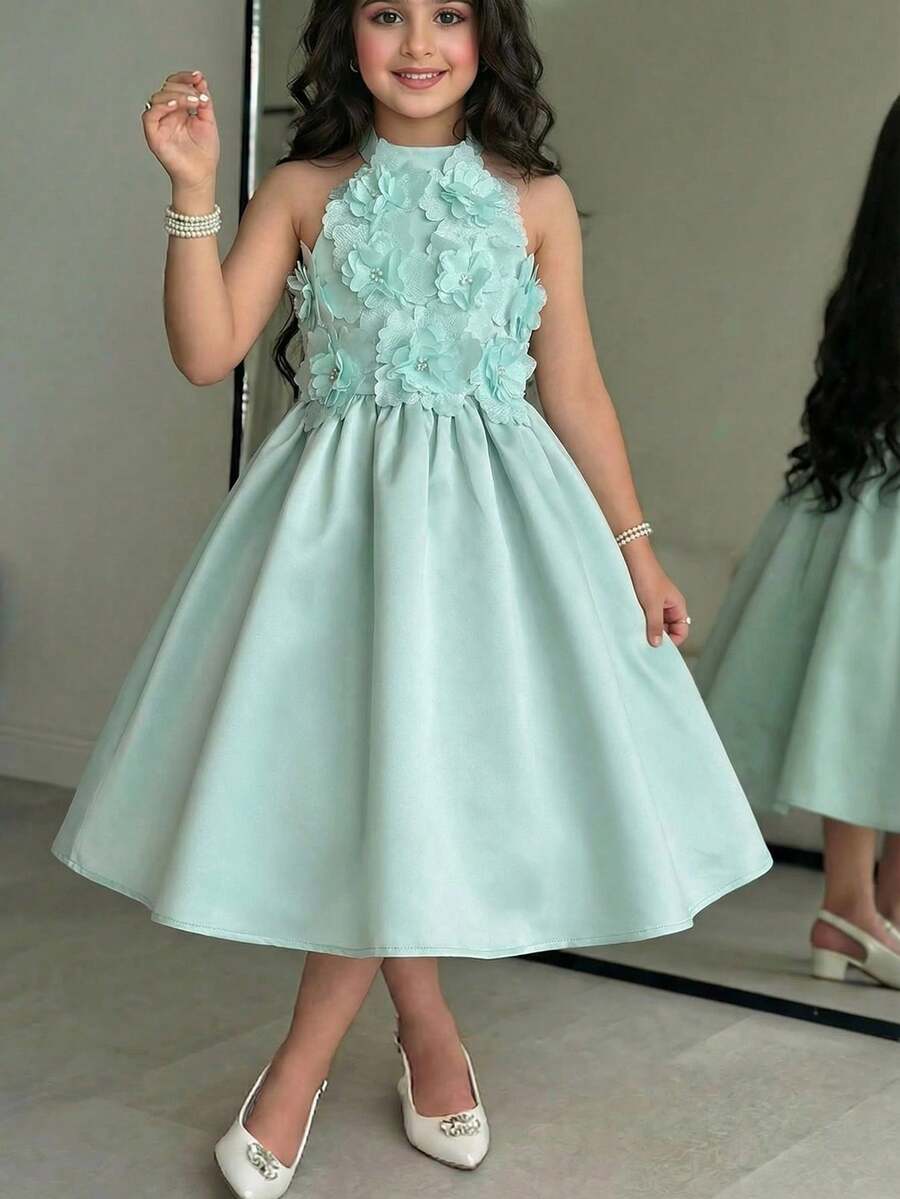 SHEIN Young Girl Solid Color 3D Floral Sleeveless Pullover Dress - Green - View 1