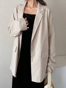 FRIFUL Women's Casual Commuting Striped Loose Blazer - Apricot - View 5