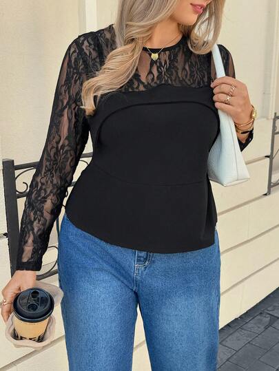 Lounesse Plus Size Women's Round Neck Lace Patchwork Sexy Sheer Long Sleeve Black T-Shirt, Fashionable Casual Wear & Holiday Outfits