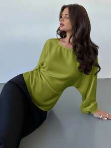 Firerie Áo kiểu nữ thanh lịch, lãng mạn, thường ngày, màu nâu cà phê, cổ tròn, tay cánh dơi, dài tay, thắt eo, dáng chữ X, phù hợp cho giáo viên và mùa thu. - Màu xanh Ô liu - Xem 7