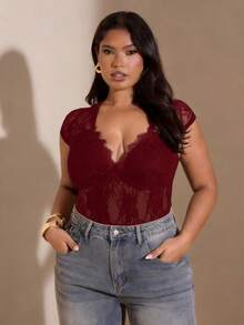 SHEIN BAE 大码女式深V领褶皱连体衣 - 酒紅色 - 查看 5