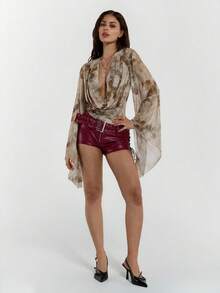 SHEIN ICON 复古印花宽松领女式上衣 - 棕色 - 查看 4