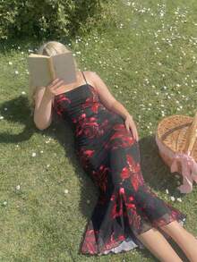 SHEIN MOD Plus Size Elegant Black Burgundy Large Floral Mesh Cami Maxi Dress, Vintage Bodycon Birthday Party Summer Dress For Women - Multicolor - View 1