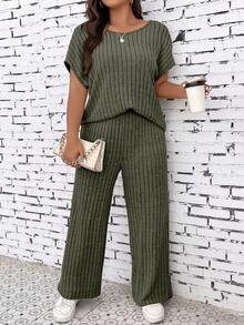 EMERY ROSE Women's Solid Color Crew Neck Short Sleeve Ribbed T-Shirt And Pants Casual 2-Piece Set - Army Green - View 3