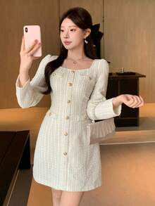 xheDAZY Vestido corto de mujer con cuello cuadrado, textura y decoración de botones para cóctelxhe - Beis 2 - Ver 3
