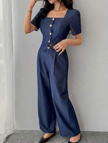 DAZY Women's Casual Washed Square Collar Puff Sleeve Shirt And Wide Leg Jeans Set, Summer - Medium Wash - View 7