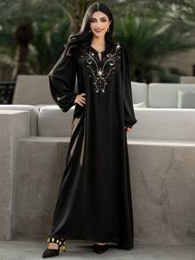 Layrah Abaya Arab Hitam Buatan Tangan dengan Hiasan Berlian Imitasi, Gaun Pesta Malam Mewah dan Elegan Dubai, Gaun Pesta Pernikahan Formal - Hitam - View 8