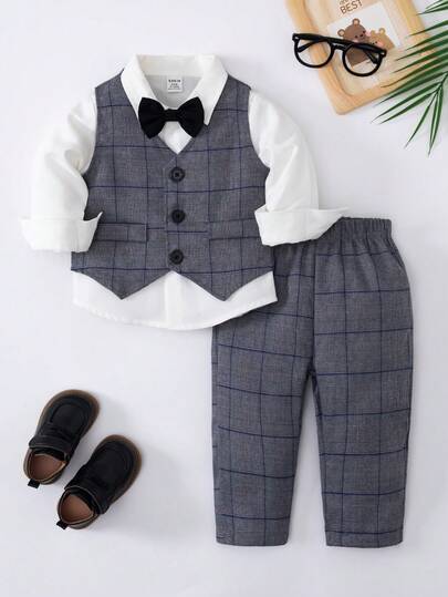 2 piezas Conjunto de chaleco a cuadros y pantalones de cintura elástica para bebés niños, adecuado para fiesta de cumpleaños, ceremonia de bautizo, celebración del 1er cumpleaños, banquete, actuación, boda, y otras ocasiones