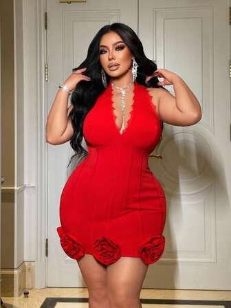 NU&NOW Women's Fashion Sexy 3D Floral Decor Backless Halter Mini Dress