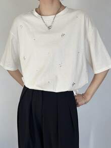 FRIFUL 女士宽松水钻装饰纯色圆领短袖T恤，适合夏季穿着 - 白色 - 查看 5