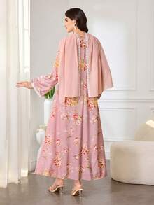 Al Najma Women's Elegant Floral Print Lace V-Neck Loose Long Arabic Dress - Pink - View 2