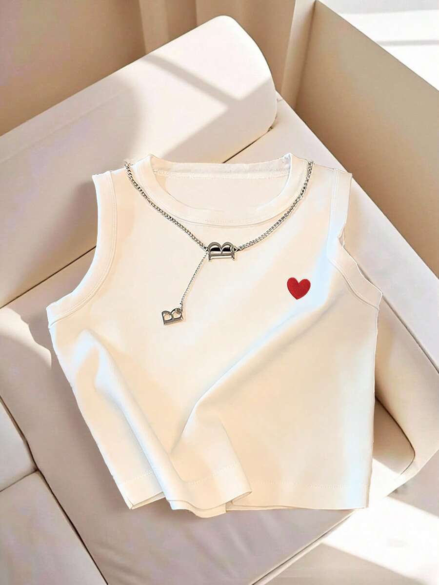 Resyla White Round Neck Tight-Fitting Tank Top With Red Heart Print On Front - White - View 1