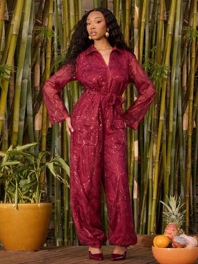 NYA SZN Jumpsuit Oversized Sequin Cargo Utility Party Outfit