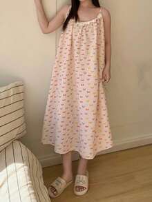 Dazy Plus Plus Size Women's Summer Butterfly Print Contrast Schiffy Ruffle Loose Camisole Nightgown Pajamas - Pink - View 4
