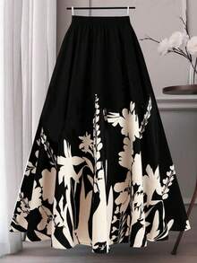 SHEIN CURVE+ 大码女式碎花优雅休闲浪漫A字裙 - 黑色 - 查看 2