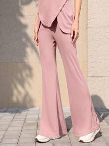 Mulvari Minimalist Elastic Waist Pink Slant Pocket Knit Flare Pants - Pink - View 6