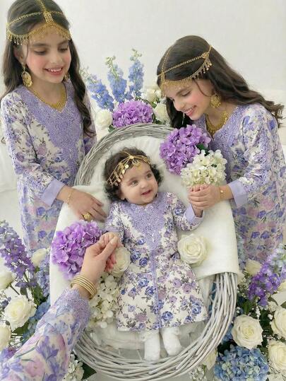 Fashionable Toddler Embroidered Applique Dress, Soft & Comfortable V-Neck Long Sleeve Printed Dress, Middle Eastern, Arabic, Casual, Bohemian, Embroidered, Artistic, Vintage, Holiday & Travel Formal Wear