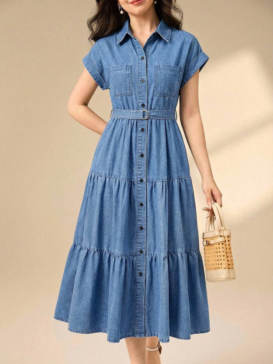 少女蓝色牛仔领层叠蛋糕裙，夏季连衣裙，春季女童连衣裙，优雅派对连衣裙，毕业礼服，度假装 - 淺色水洗藍 - 查看 1