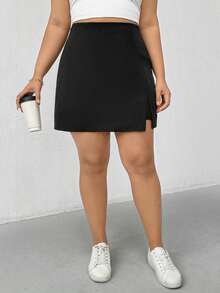 SHEIN Essnce Plus Split Front Solid Skort - Black - View 5