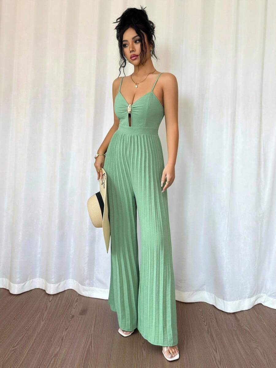 Rafferiza 女士优雅无袖褶皱长款连体裤，浅绿色，适合春夏度假和约会 - 薄荷綠 - 查看 1