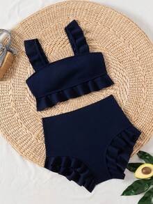 Swim Vcay 方领荷叶边比基尼套装，露脐上衣和短裤 - 寶藍色 - 查看 4