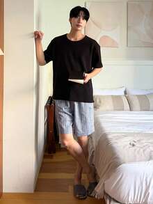 DAZY 男士纹理面料弹力腰短裤，夏季家居服 - 彩色 - 查看 6